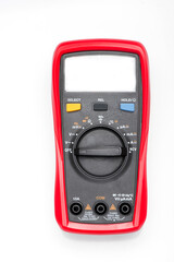 Electronic digital multimeter isolated on white with probes. Digital multimeter with red and black leads. Electronic multimeter isolated on white background close up