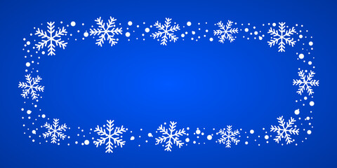 Naklejka na ściany i meble Snow border frost frame. Christmas texture, isolated on blue background. Snowflake abstract effect. Holiday border, silver glitter. Blizzard design. Winter snow fall decoration Vector illustration