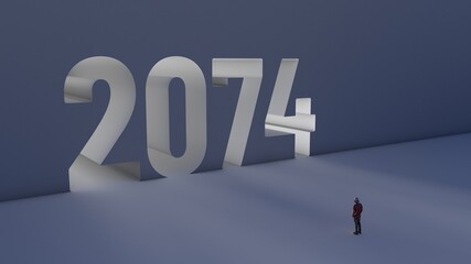 3D illustration of number 2074 with a man walking towards it