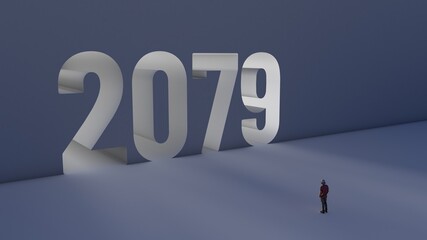 3D illustration of number 2079 with a man walking towards it