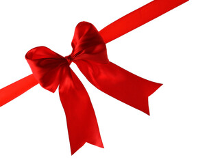 Red ribbon with bow on white background. Festive decoration