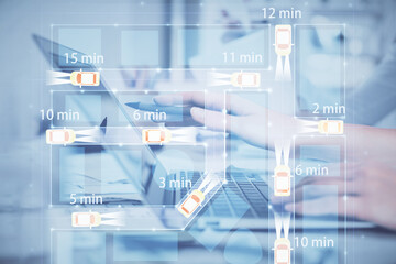 Double exposure of woman hands typing on computer and automobile theme drawing. High Tech concept.