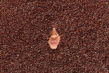 Creative shot of womans face covered with fragrant coffee beans keeps lips folded prepares aromatic...