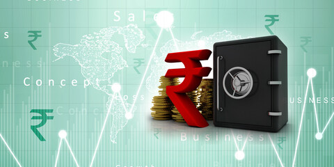 Rupee currency with gold coin.3D rendering illustration