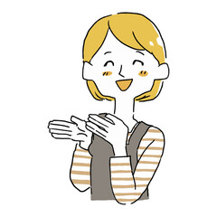 何かを笑顔で紹介している大人の女性