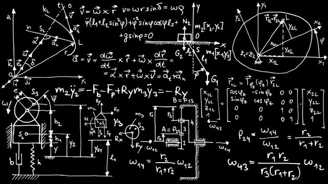 Blackboard with chalk written mechanical and mathematical formula, equation and graph. High quality 4k video.