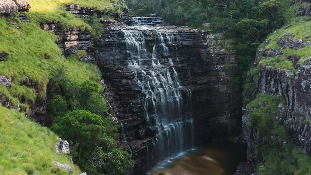 Aerial view of a beautiful waterfall in the Mkambati Nature Reserve, Eastern Cape, South Africa