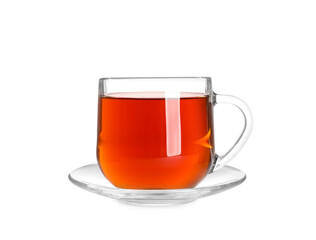 Glass cup of freshly brewed tea isolated on white