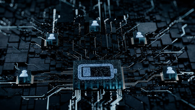 Energy Technology Concept with low battery symbol on a Microchip. White Neon Data flows between Users and the Battery across a Futuristic Motherboard. 3D render.