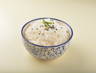 steamed fragrant white jasmine rice in Japanese ceramic bowl asian halal menu