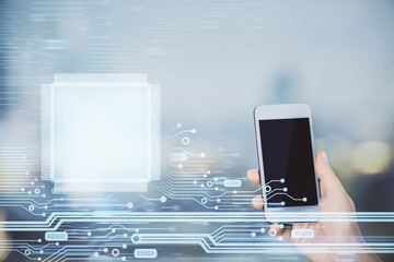 Double exposure of technology sketch hologram and woman holding and using a mobile device.