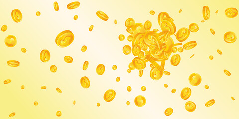 American dollar coins falling. Flawless scattered USD coins. USA money. Shapely jackpot, wealth or success concept. Vector illustration.