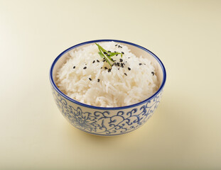 steamed fragrant white jasmine rice in Japanese ceramic bowl asian halal menu