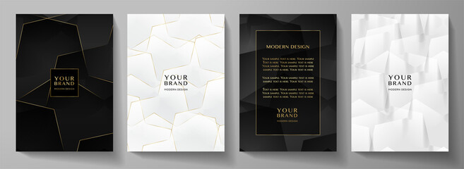 Modern black cover, frame design set. Luxury geometric pattern in black, white, gold colour. Creative premium stripe vector background for business catalog, brochure template, notebook, invite