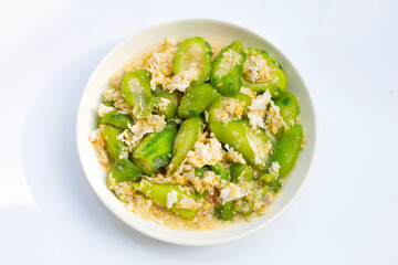 Stir fried angled gourd with egg and shrimp