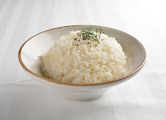 steamed fragrant white jasmine rice in Japanese ceramic bowl asian halal menu