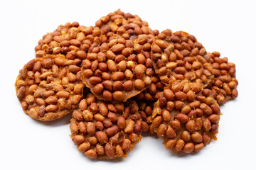 Fried peanut cookies on white background.