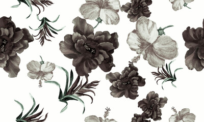 Black Watercolor Wallpaper. Gray Flower Painting. White Seamless Painting. Pattern Textile. Tropical Texture. Isolated Background. Fashion Jungle. Botanical Foliage.