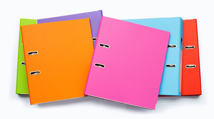 Office folders on white background. Top view