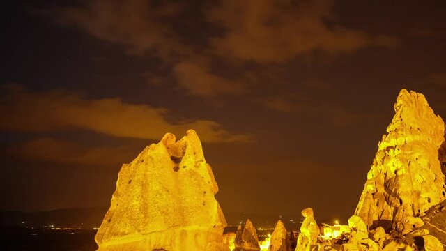 Night Mountain landscape with stars in Cappadocia, Turkey. 4K  time lapse video.