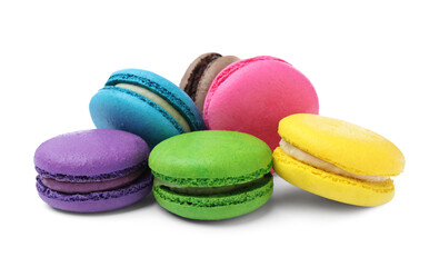 Different delicious colorful macarons on white background