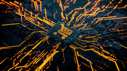 Ecommerce Technology Concept with shopping symbol on a Microchip. Data flows from the CPU across a Futuristic Motherboard. 3D render.