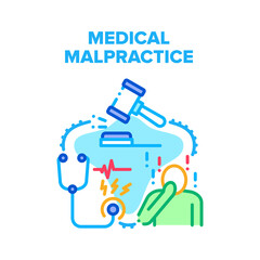 Medical Malpractice Error Vector Icon Concept. Medical Malpractice Error Doctor, Nurse And Hospital. Judge Gavel And Clinic Worker Stethoscope Tool, Medicine Jurisprudence Color Illustration