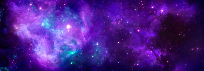 A cosmic background with a colorful purple nebula and shining stars