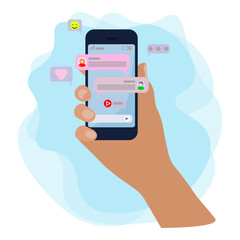 Hand holding mobile phone with chat, messages and people avatars, typing, likes, emoji icons. Communication concept.  Illustration in flat style for web sites, applications, banners.