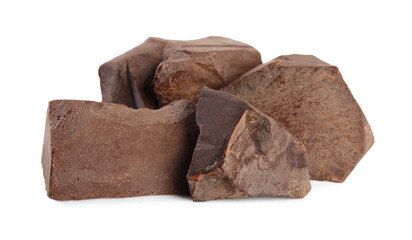 Pieces of tasty chocolate on white background