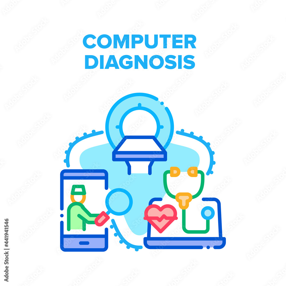 Poster Computer Medical Diagnosis Vector Icon Concept. Computer Medical Diagnosis, Doctor Communicate With Patient, Examining And Treatment. Mri Hospital Equipment For Checking Health Color Illustration