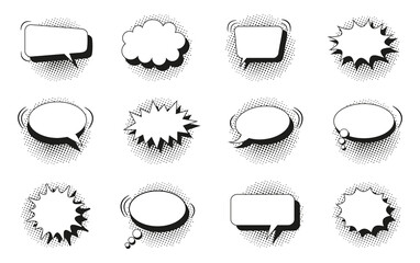 Speech bubbles. Comic pop art balloons with halftone shadow. Black white text boxes. Star burst clouds. Set of chat bang clouds with dots. Funny message shapes. Vector illustration.