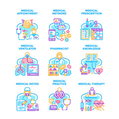 Medical Practice Set Icons Vector Illustrations. Doctor Medical Practice And Therapy, Pharmacist Knowledge And Notes, Network And Online Prescription. Ventilator Hospital Equipment Color Illustrations