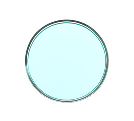 Petri dish with turquoise liquid isolated on white, top view