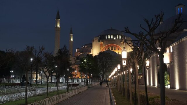 Hagia Sophia, former byzantine church and mosque, Istanbul, Turkey. Street view at night