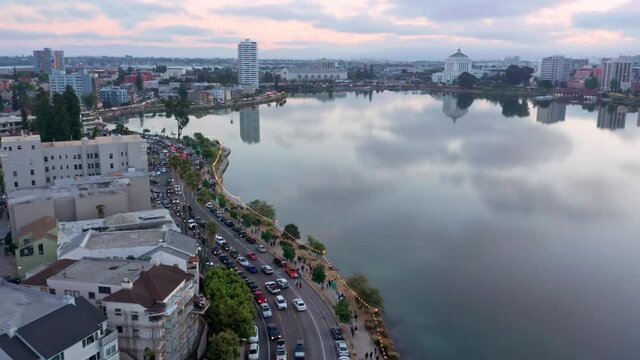 Aerial: Gridlock Traffic At Juneteenth Celebrations On Lake Merritt. Oakland, USA