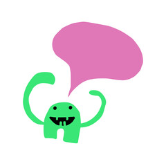Halloween   joyful smiling green monster with teeth and pink speech bubble