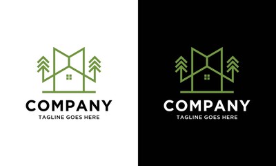 minimal and simple house icon vector logo with pine tree , organic house, cottage forrest design illustration
