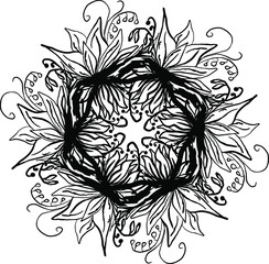 wreath of branches with leaves and flowers. Vector isolated contour decorative squiggle wreath for invitation card frame for weddings and cards