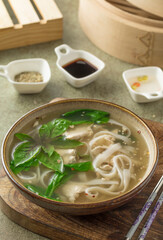 Vietnamese Chicken Noodle clear soup, Light and Airy, rustic setup