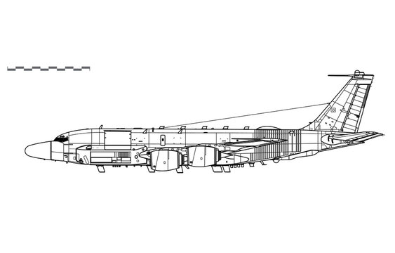 Boeing RC-135W Rivet Joint. Vector drawing of reconnaissance aircraft. Side view. Image for illustration and infographics.