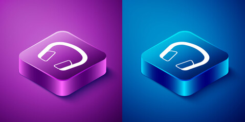 Isometric Headphones icon isolated on blue and purple background. Earphones. Concept for listening to music, service, communication and operator. Square button. Vector