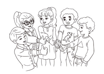 A crowd of schoolchildren stand in a group and show a thumbs up gesture with their hands. Coloring book school life, friendship and success. Realistic funny kids line. Vector kids isolated on white