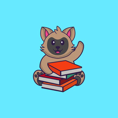Cute cat reading a book. Animal cartoon concept isolated. Can used for t-shirt, greeting card, invitation card or mascot. flat cartoon style