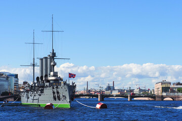 Legendary cruiser Avrora in Saint-Petersburg, Russia. Banks of the Neva river, skyline