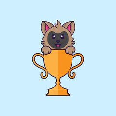 Cute cat with gold trophy. Animal cartoon concept isolated. Can used for t-shirt, greeting card, invitation card or mascot. Flat Cartoon Style