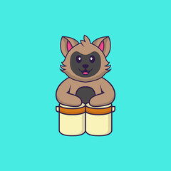 Cute cat is playing drums. Animal cartoon concept isolated. Can used for t-shirt, greeting card, invitation card or mascot. Flat Cartoon Style