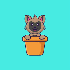 Cute cat in a flower vase. Animal cartoon concept isolated. Can used for t-shirt, greeting card, invitation card or mascot. Flat Cartoon Style