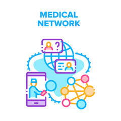 Medical Network Vector Icon Concept. Medical Network Connection With Doctor For Examining, Diagnosis And Consultation. Worldwide Remote Health Care And Treatment Color Illustration