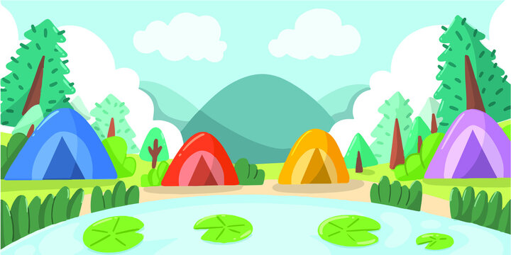 Summer Camp At Mountain Hill Doodle Illustration